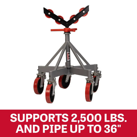 Rock Solid Heavy Duty Pipe Jack Stand With Smooth Rolling Pvc Casters And Beefy Steel Rollers For Haulin Giant Pipe Up To 36 Inches Wide While Nailing 2500 Lb Loads On Any Garage Floor