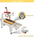 Top Shelf Automatic Tape Sealing Machine For Carton Box Packing Featuring Smooth Cranking Two Way Drive And Quick Adjust Width Dials, showing transport tape and rubber locking casters.