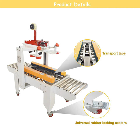Top Shelf Automatic Tape Sealing Machine For Carton Box Packing Featuring Smooth Cranking Two Way Drive And Quick Adjust Width Dials, showing transport tape and rubber locking casters.