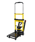 Voltstair Hercules Motorized Battery Stair Climbing Hand Truck Portable Electric Dolly For Heavy Moving Transport With Straps Electronic Brake And Speed Control Perfect For Home Office Or Industrial Use 500 Lb Lift Capacity showing yellow stair climbing dolly with black platform and handle.