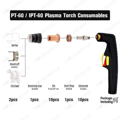 Exploded view of 24 Piece 1.0mm Electrode And Tip Kit For PT-40 IPT-60 PT60 Plasma Cutter Torch Consumables Replaces 52582 51313