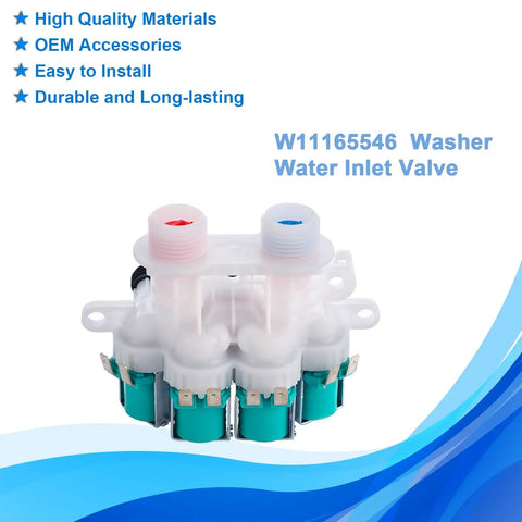 Washer Water Inlet Valve Replacement For Maytag Whirlpool Kenmore showing dual water connectors and part number W11165546