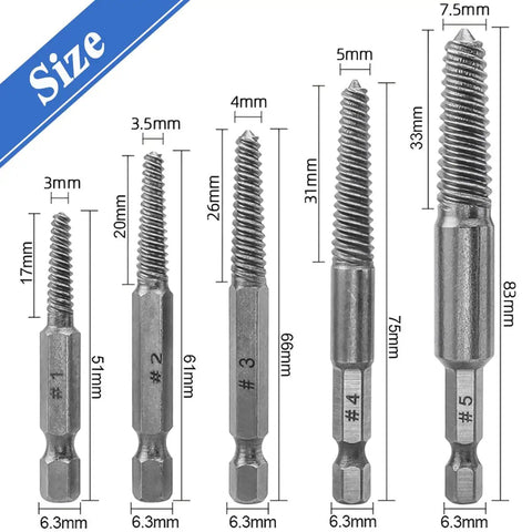 10 Piece Broken Screw Extractor Set For Stripped Screws And Busted Bolts Drill Bit Kit With Quarter Inch Hex Shank Easy Out Remover Includes Five Sizes One To Five For Fastener Extraction, sizes 1-5 displayed