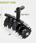 28-Inch Heavy-Duty Disc Plow Harrow With Universal 2-Inch Receiver shown in black beefy steel build, size details displayed.