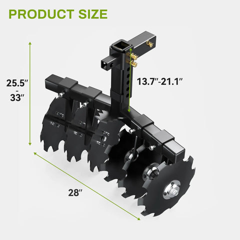 28-Inch Heavy-Duty Disc Plow Harrow With Universal 2-Inch Receiver shown in black beefy steel build, size details displayed.