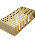 Top Shelf Compact Tile Sample Display Rack Loaded With 28 Deep Slots For Holding Building Materials And Ceramic Tiles Heavy Duty Gold Metal Stand Built Tough For Pros, top view.