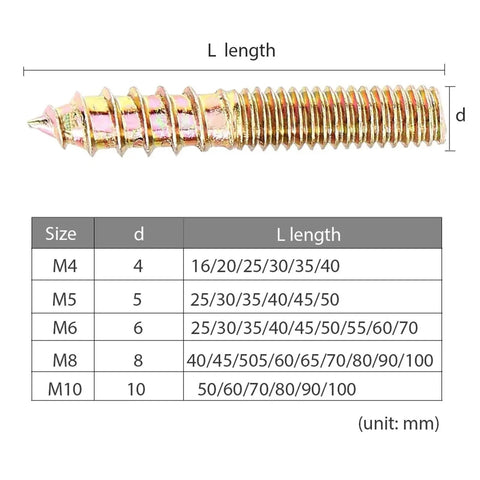 30 Pcs M6 Hanger Bolts Double Ended Yellow Zinc Plated Dowel Screws Self Tapping Screws For Wood Furniture Beefy Heavy Duty Quick Grip Hidden Locking Joint Fasteners, size chart and dimensions in mm