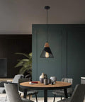 Dope Black Farmhouse Wooden Pendant Light With Rustic Wood And Metal Design over dining table in modern room