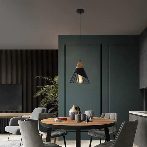 Dope Black Farmhouse Wooden Pendant Light With Rustic Wood And Metal Design over dining table in modern room