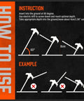 Instruction diagram for using 20 Pack 8 Inch Heavy Duty Tent Stakes Made From Galvanized Steel For Camping, Rust Resistant, showing angle and depth.