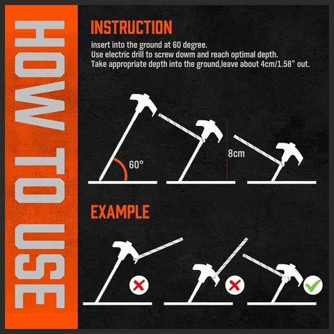 Instruction diagram for using 20 Pack 8 Inch Heavy Duty Tent Stakes Made From Galvanized Steel For Camping, Rust Resistant, showing angle and depth.