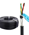 Dual Shielded Twisted Pair Cable For Industrial Automation, EMI Resistant Signal Wire In 20/22/18/16/24 AWG, PVC Jacket, 100 Ft Length, 2 Or 4 Conductor Pure Copper Wire For Flexible Communication And Control. Coiled cable with exposed shielded conductors.