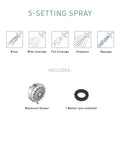 Diagram showing five settings of Ignite Chrome Five Function Shower Head With 2.5 GPM High Pressure Spray including accessories.