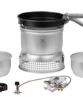 27-3 UL Stove Kit With Gas Burner, Ultralight Aluminum Cook Set With Two 1L Pots And 7.25 Inch Nonstick Fry Pan, camping gear displayed