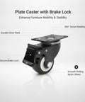 Black Swivel Plate Caster With Brake Lock, Durable Nylon Wheel, ideal for easy furniture and equipment mobility.