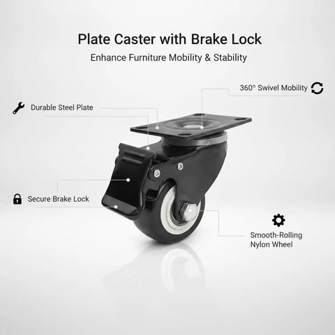 Black Swivel Plate Caster With Brake Lock, Durable Nylon Wheel, ideal for easy furniture and equipment mobility.