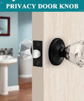 Six Pack Crystal Privacy Door Knobs With Lock Diamond Faceted Glass With 2 9/16 Inch Round Rosettes Black Interior Keyless