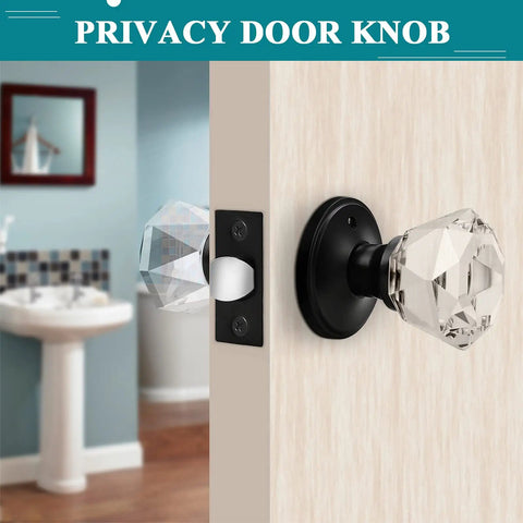 Six Pack Crystal Privacy Door Knobs With Lock Diamond Faceted Glass With 2 9/16 Inch Round Rosettes Black Interior Keyless