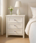 White bedside table with 26 Piece Crystal Rose Gold Glass Cabinet Knob Set With 1-1/4 Inch Knobs and 3/4 Inch Bases, 30 mm decorative pulls.