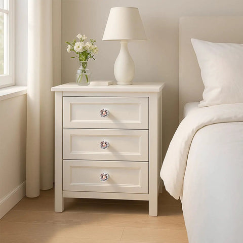 White bedside table with 26 Piece Crystal Rose Gold Glass Cabinet Knob Set With 1-1/4 Inch Knobs and 3/4 Inch Bases, 30 mm decorative pulls.