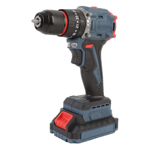 Heavy Duty Cordless Drill Kit With Slick Brushless Engine, side view showcasing adjustable torque settings and battery.