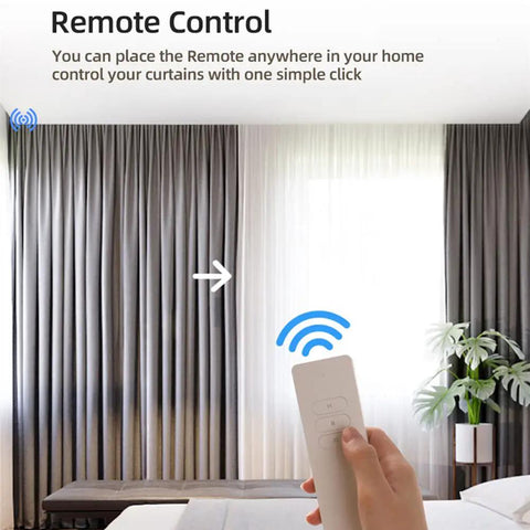Electric Curtain Track System For Heavy Curtains With Apple HomeKit Alexa And Google Home Integration Auto Opener Kit With 4.1M Length Tracks And DIY Segments Schedule Control And Remote Access, remote in hand