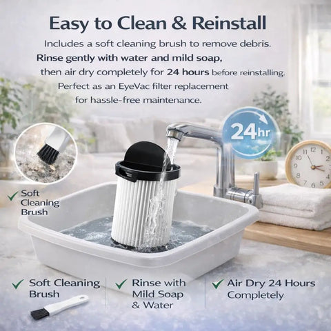 Real Heavy Duty HEPA Pre Motor Filter Replacement Two Pack shown being rinsed in sink with soft cleaning brush for maintenance.