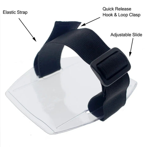 Premium Solid Durable Armband Badge Holder With Hella Secure Stretchy Strap And Easy Hook Loop Fastener For Work Credentials Cards And Passes One Size Fits, showing elastic strap and clasp.
