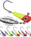 Underspin Shad Dart Jig Head With Bucktail And Spinner Lure Go To Choice Available In One Sixteen Ounce One Eighth Ounce And One Quarter Ounce One Inch Body 25 Pack For Freshwater And Light Saltwater Angling, showing multiple colorful jig heads with hooks and spinners.