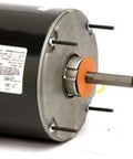 Electric motor with metal shaft and label, side view