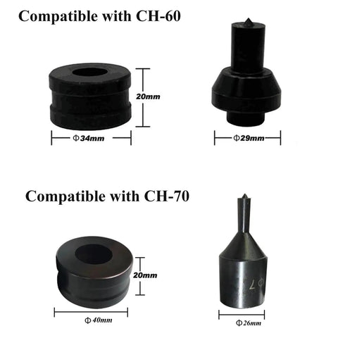 Compatible CH-70/CH-60 Hydraulic Round Hole Punch Die Set for Steel, Copper, Aluminum, shown in different dimensions
