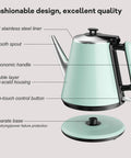 Mint green 0.9L electric kettle with 304 stainless steel interior, ergonomic handle, and separate base, showcasing vintage compact design.