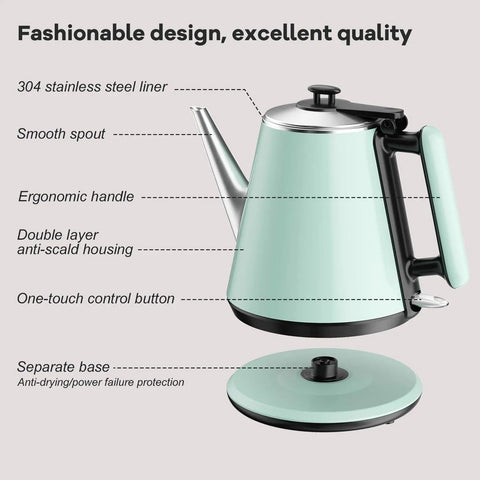 Mint green 0.9L electric kettle with 304 stainless steel interior, ergonomic handle, and separate base, showcasing vintage compact design.