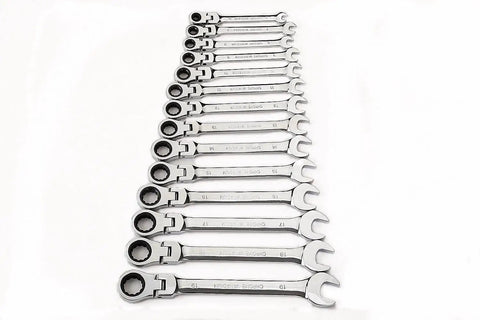 14-Piece Flexible Head Ratcheting Wrench Set 6mm To 19mm Metric Chrome Vanadium Steel in neat row, showing no skipped sizes.