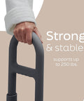 Deluxe Tub Grab Bar With Microban Protection 250 Lb Capacity Tool Free Installation Non Slip Rubber Pads Enamel Coated Steel ADA Compliant 1.25 Inch Grip Gray, hand gripping the bar