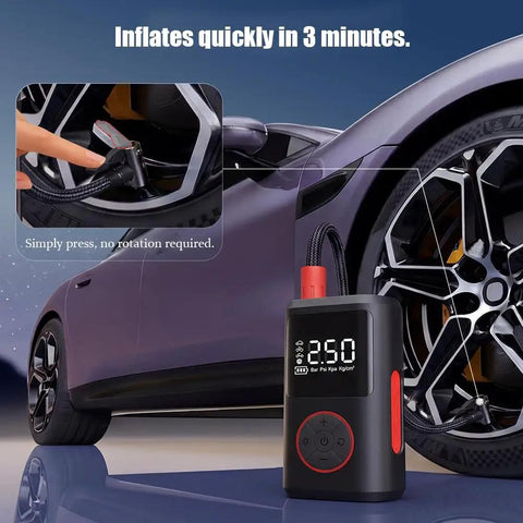 Cordless Tire Inflator Air Compressor For Land Rover Range Rover Electric Mla Flex Ev 2025 2026 with digital gauge inflating car tire.