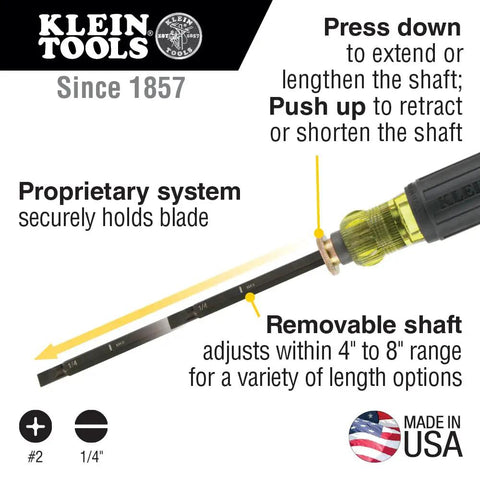 Adjustable 4 To 8 Inch Screwdriver With Removable Shaft Dual Tips Phillips Size 2 And One Quarter Inch Slotted Made In USA