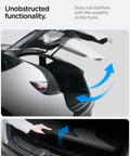 Black Spigen rear bumper trunk sill guard for Tesla Model Y (2025–2026); installed view shows Easy Glide grooves.