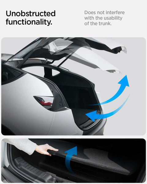 Black Spigen rear bumper trunk sill guard for Tesla Model Y (2025–2026); installed view shows Easy Glide grooves.