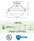 Diagram of the Zurich 12 Inch Rustic Semi Flush Mount Ceiling Light With Glass Shade And Oil Rubbed Bronze Finish Antique Brass Accents LED Compatible Easy Install showing dimensions and light compatibility.