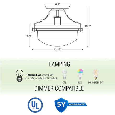 Diagram of the Zurich 12 Inch Rustic Semi Flush Mount Ceiling Light With Glass Shade And Oil Rubbed Bronze Finish Antique Brass Accents LED Compatible Easy Install showing dimensions and light compatibility.