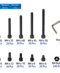 Heavy Duty M4 Hex Socket Head Cap Screw Assortment Kit, 720 Piece Set with screws, nuts, washers, and hex key