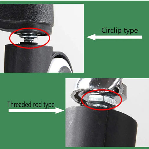 Rock Solid Heavy Duty Caster Wheels With 50mm Smooth Rolling Action And Universal Threaded Rod Fitment For Office Chairs And Furniture showing circlip and threaded rod types.