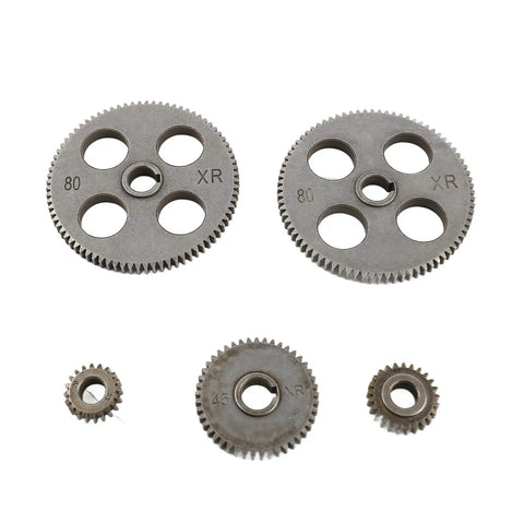 Five Piece Mini Lathe Gear Replacement Set With T80 T45 T25 And T20 Teeth Heavy Duty Steel Accessories For Metal Cutting Tools showing T80 gears and T45 gear.