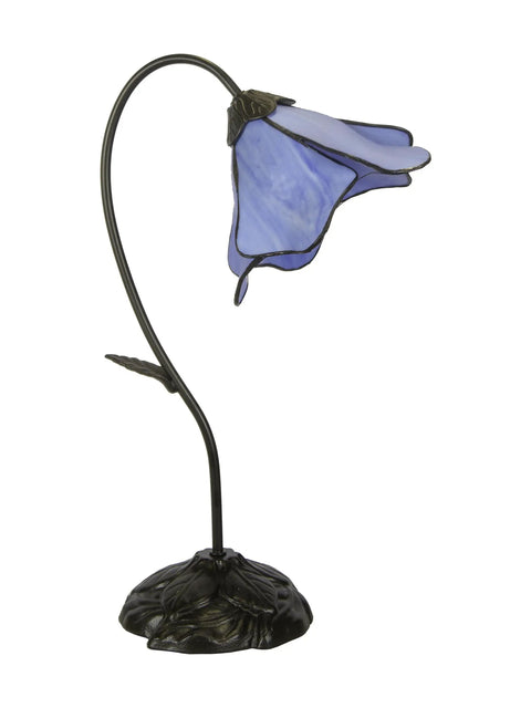 Side view of One Light Blue Lily Table Lamp With Dark Antique Bronze Finish, Gossamer Lily Blossom Five Panel Art Glass, 19 Inch Tall.
