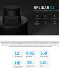 RPLIDAR C1 Fusion Lidar DTOF Laser Scanner For Robotics, black cylindrical design, 360-degree range scanning, close-up view