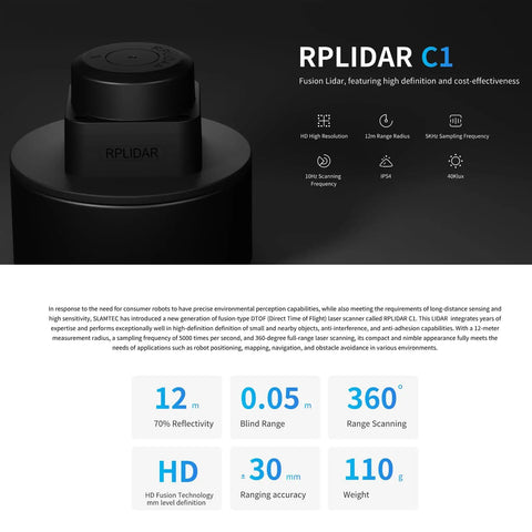 RPLIDAR C1 Fusion Lidar DTOF Laser Scanner For Robotics, black cylindrical design, 360-degree range scanning, close-up view