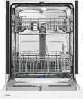 Low Maintenance Front Control Dishwasher Featuring A Hybrid Stainless Tub And Smart Auto Cycle For No Sweat Daily Cleans and Heavy Duty Batch Scraping With Quiet Operation, interior view showing racks.