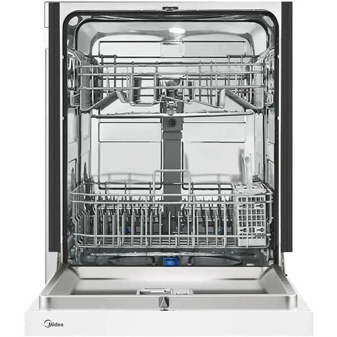 Low Maintenance Front Control Dishwasher Featuring A Hybrid Stainless Tub And Smart Auto Cycle For No Sweat Daily Cleans and Heavy Duty Batch Scraping With Quiet Operation, interior view showing racks.