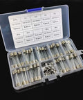 Garage Ready Fast Blow Glass Fuse Assortment Kit For Cars And Trucks 6X30MM Automotive Fuses 250V Rated with clips in storage case.